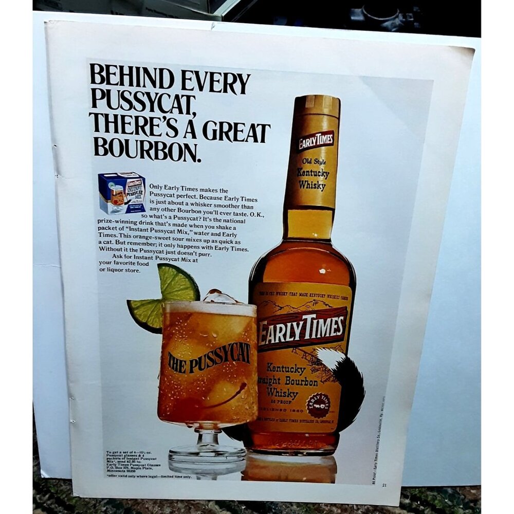 1971 Early Times Kentucky Bourbon The Pussycat Original Print Ad Vintage